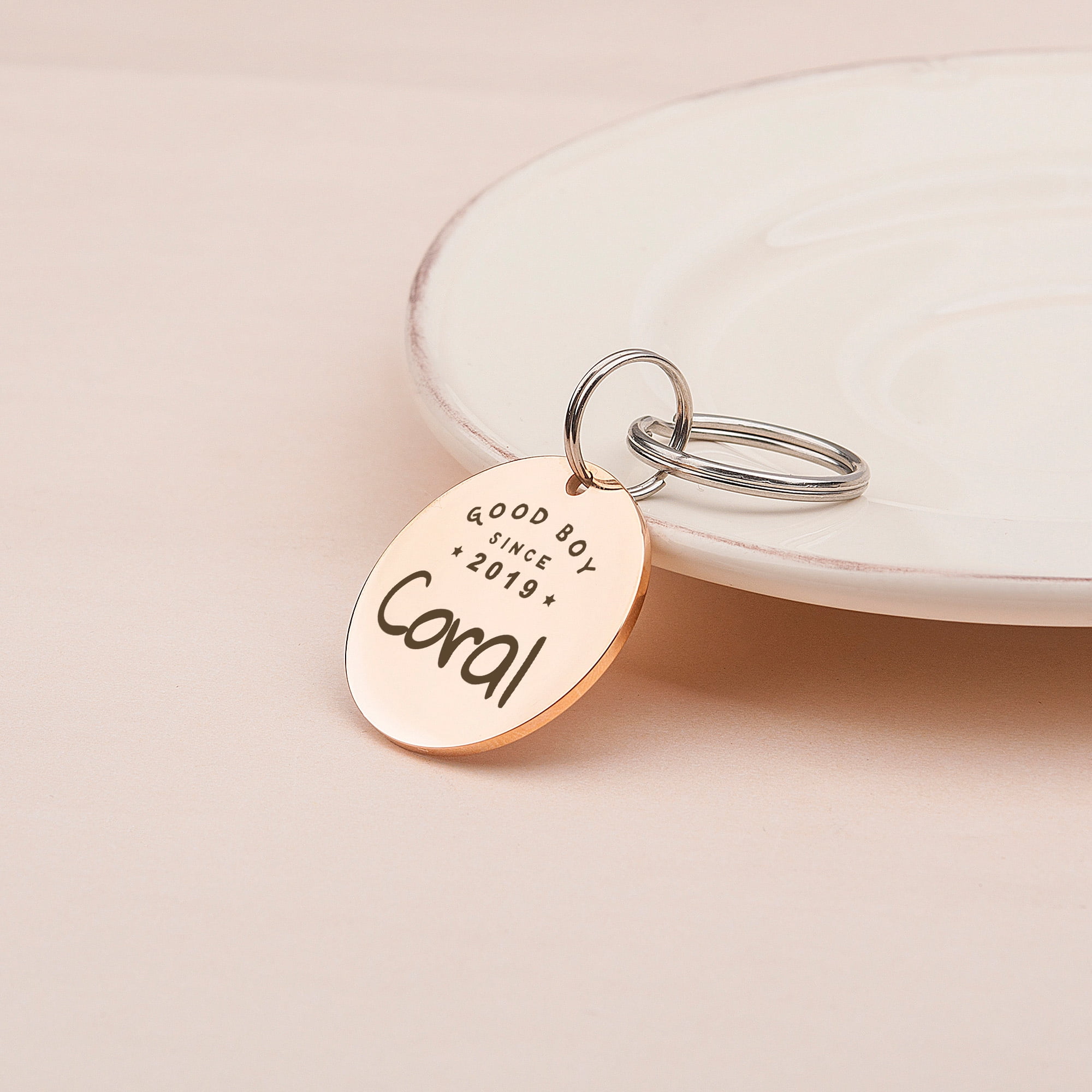 Anavia Metal Stainless Steel Round Name - Good Boy Girl - Birth Year Birthday Holiday Christmas Engraved Dog Cat ID Tag, Rose Gold