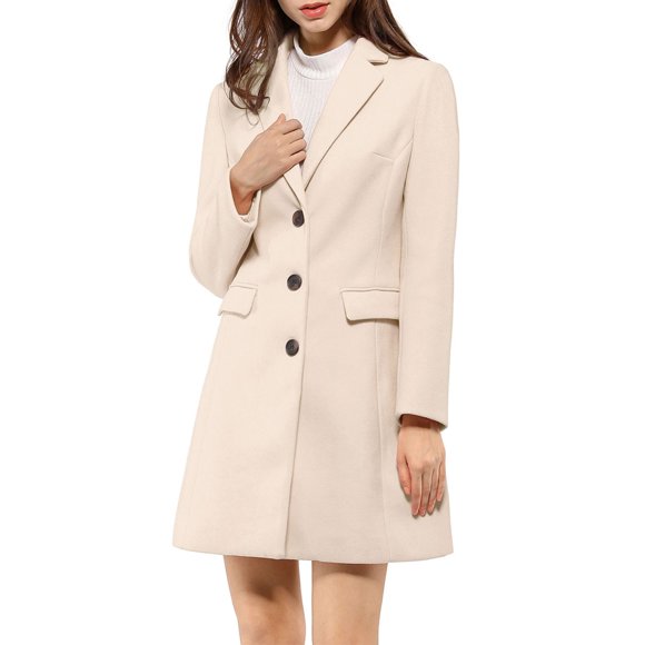 INSPIRE CHIC Women's Coat Solid Color Notched Lapel Single Breasted Winter Peacoat Cream White XS