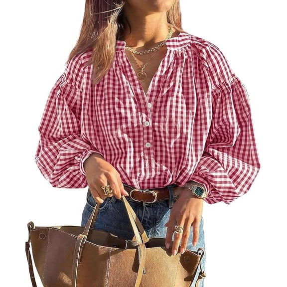 PRETTYGARDEN Women Fall Plaid Long Puff Sleeve Shirts V Neck Casual Blouses Gingham Button Down Oversized, Pleated Drop Shoulder Cotton Tops, Dressy Casual, Work Vacation Travel, Fall Outfits Trendy