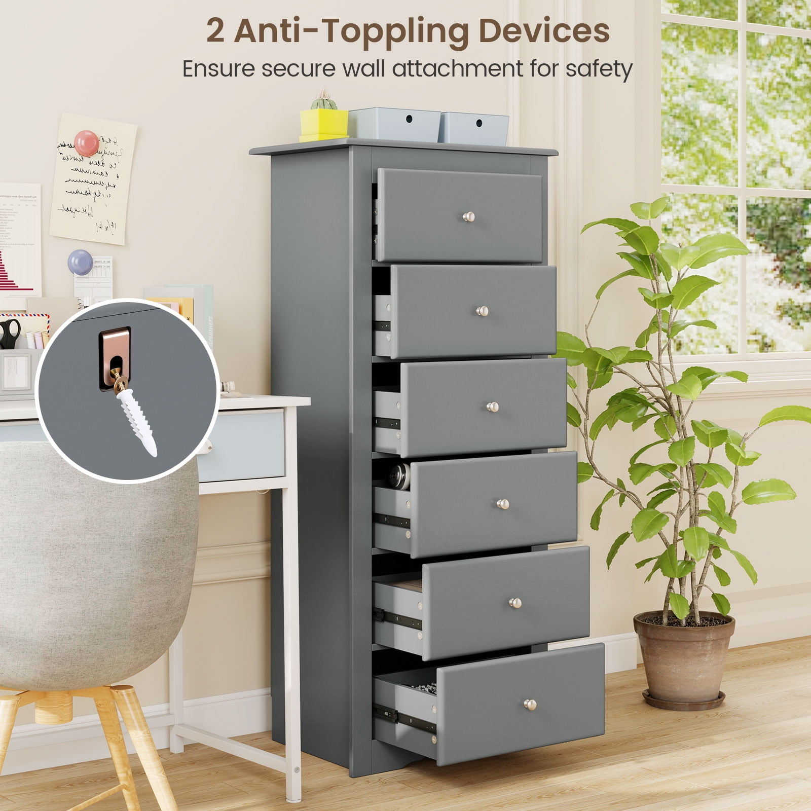 Giantex 6 Dresser Chest, Free Standing Wooden Storage Cabinet, Tall Dresser Clothes Organizer, Grey