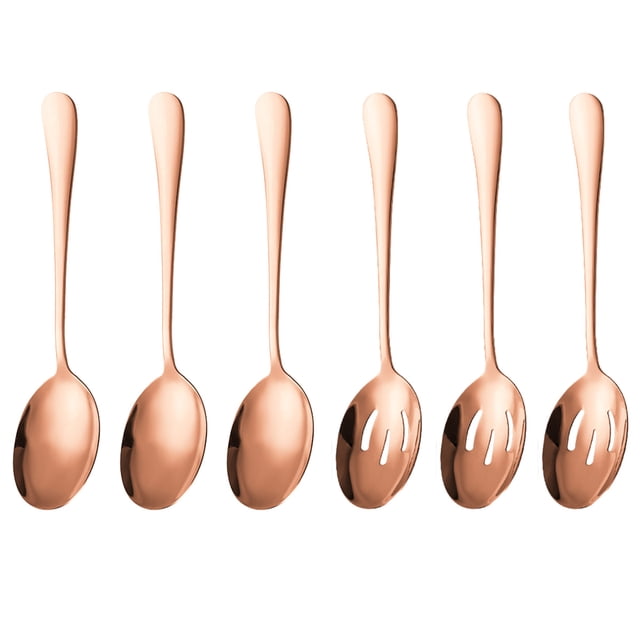 6 Pieces Serving Spoons Set, Serving Spoon, Includes 3 Serving Spoons and 3 Slotted Spoons, Stainless Steel Buffet Banquet Spoons, Large Spoons Utensils Cutlery Set for Kitchen, Rose Gold