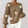 thumbnail image 5 of Cute Sweaters for Women Flowers Applique V Neck Comfy Knit Pullover Tops Long Sleeve Casual Trendy Fall Clothes (L, Khaki), 5 of 7
