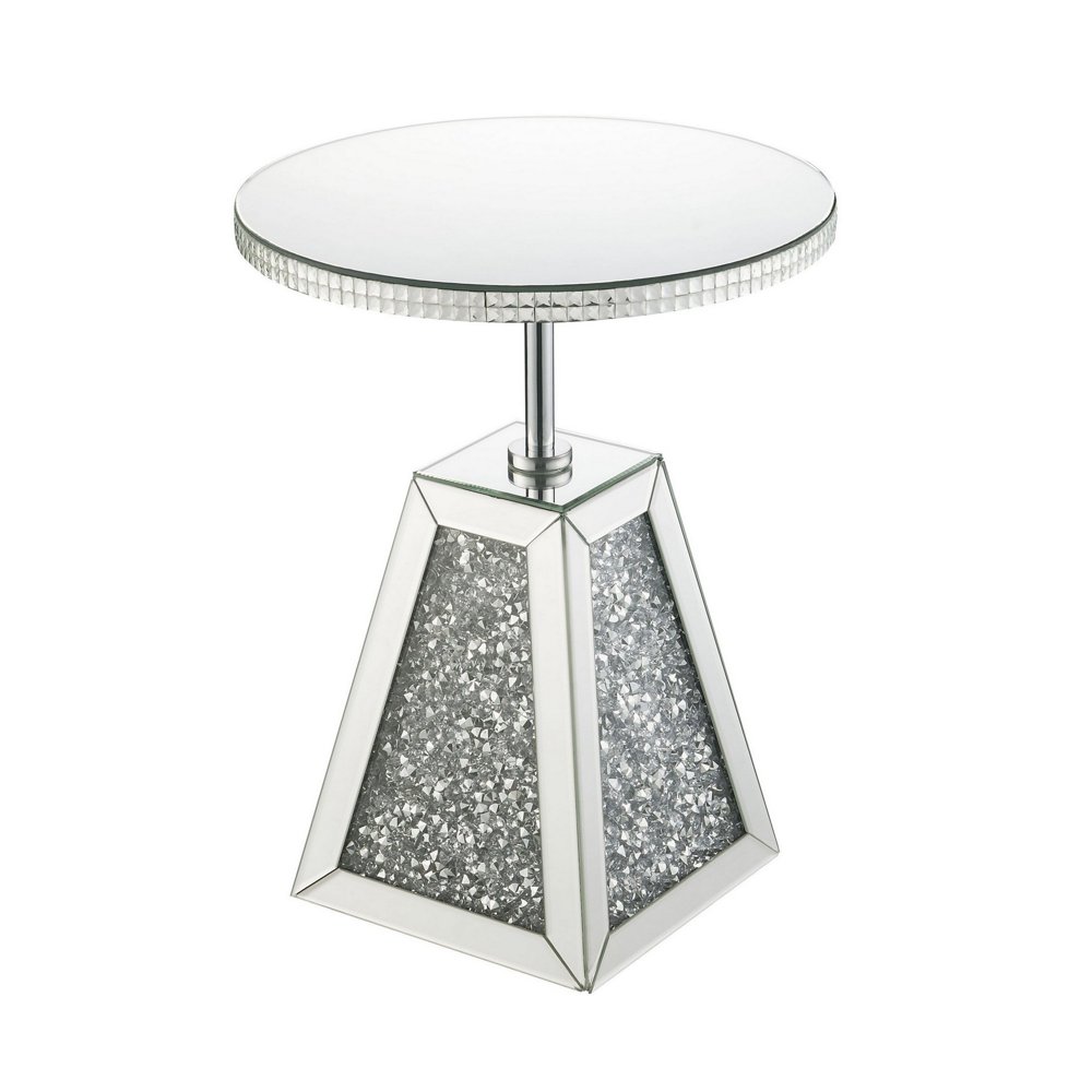 Round Mirrored Accent Table with Pedestal Base and Glass Top, Silver