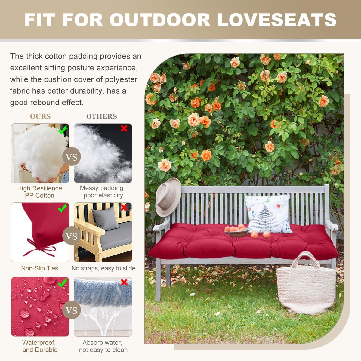 Tupukom Outdoor/Indoor Bench Cushion Waterproof Non-Slip Patio Swing Bench Cushion with Ties Patio Lounge Chair Cushion, Summer,40x20 Inch