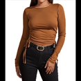thumbnail image 1 of Camisa Corta de Cuello Redondo, Larga y Cordón Lateral para Mujer, Ajustada, Acanalada Marrón y Amarillo XL, 1 of 6