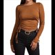 thumbnail image 1 of Camisa Corta de Cuello Redondo, Larga y Cordón Lateral para Mujer, Ajustada, Acanalada Marrón y Amarillo M, 1 of 6