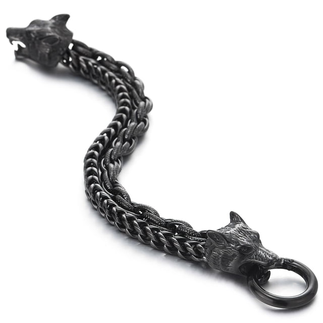 Pulsera COOLSTEELANDBEYOND Biker Viking con cabezas de lobo negras