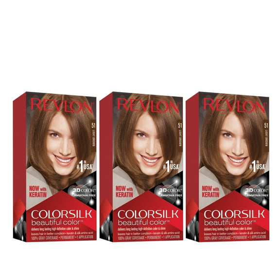Revlon Colorsilk Beautiful Color Permanent Hair Dye, Dark Brown, At-Home Full Coverage Application Kit, 51 Light Brown, 3 Pack