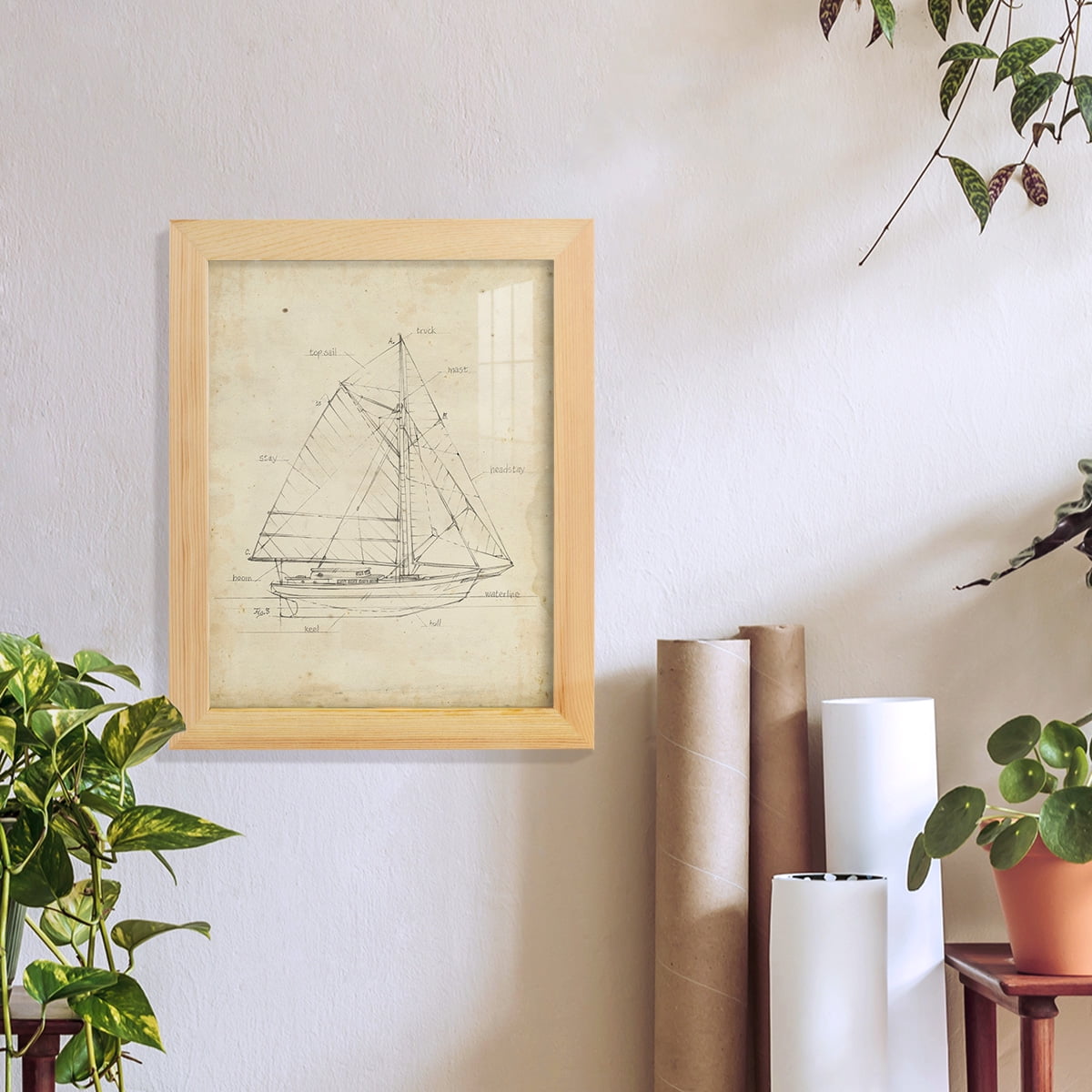 Sailboat Blueprint III -Framed Print w/glass-Natural Wood
