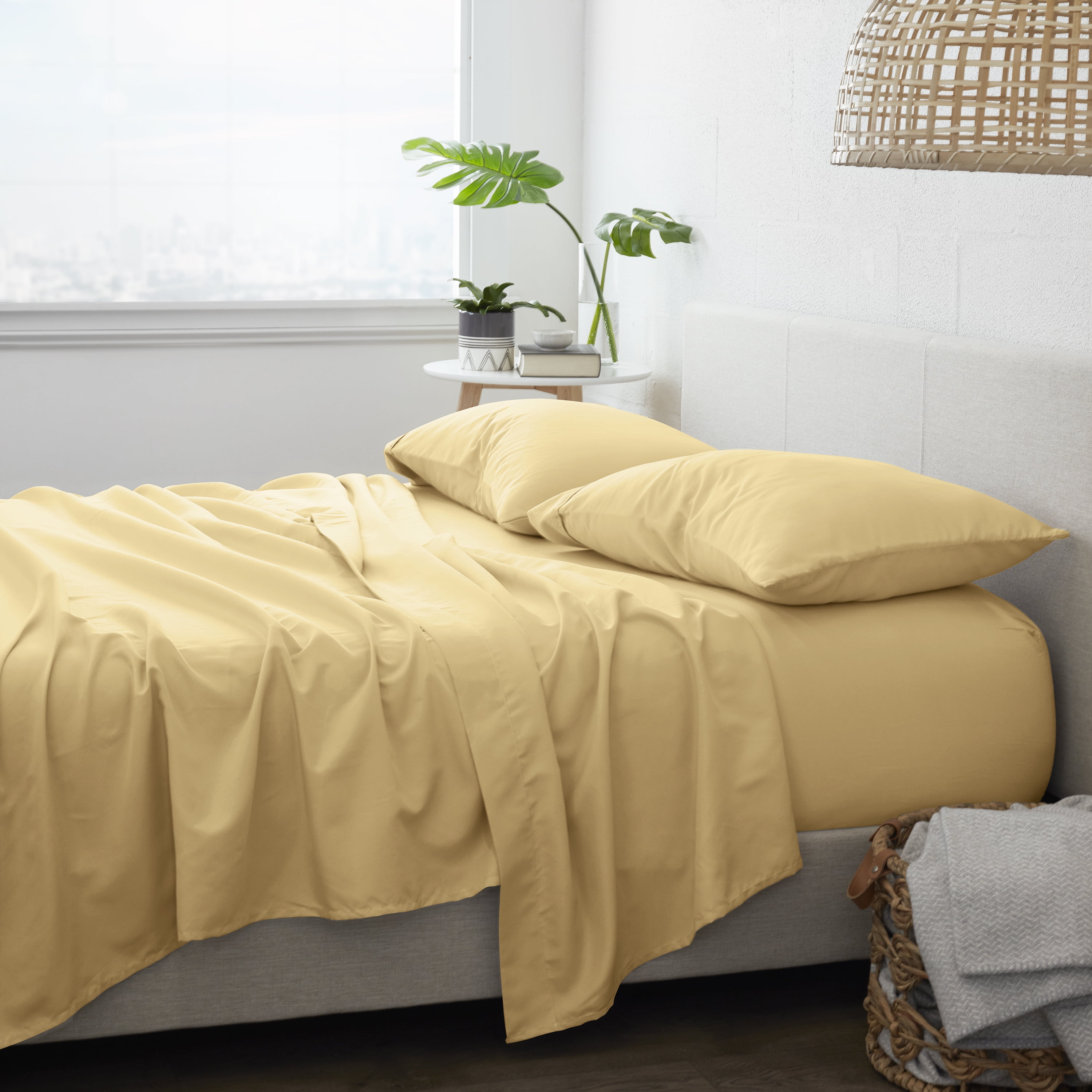 Noble Linens 4 Piece Solid Microfiber Bed Sheet Set, Gold, California King