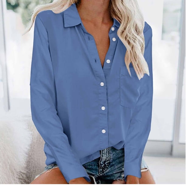 ICHUANYI Clearance Fashion Woman Causal Button Blouse Long Sleeve T-Shirt Summer Tops(Light Blue, XXL) ICHUANYI WER2023081508670