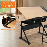 HomGarden Wood Drafting Desk Drawing Table Art Craft Station Tiltable W/ Stool & Drawer