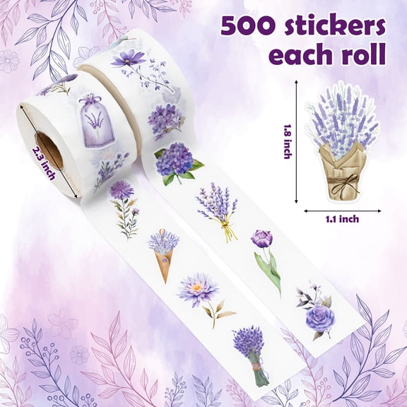 2Roll Lavender Stickers, Floral Stickers for Wall Book Mug Decoration Classroom Rewards
