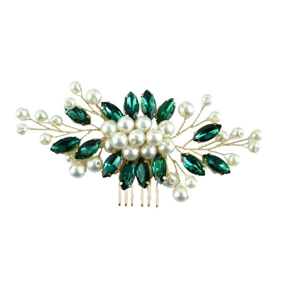 NAMZI Bridal Flower Wedding Hair Pins Crystal Pearl Hair Combs Clips Headpiece Gold Wedding Hair Accessories Jewelry with Rhinestone for Brides Bridesmaids Women Girls (Green)