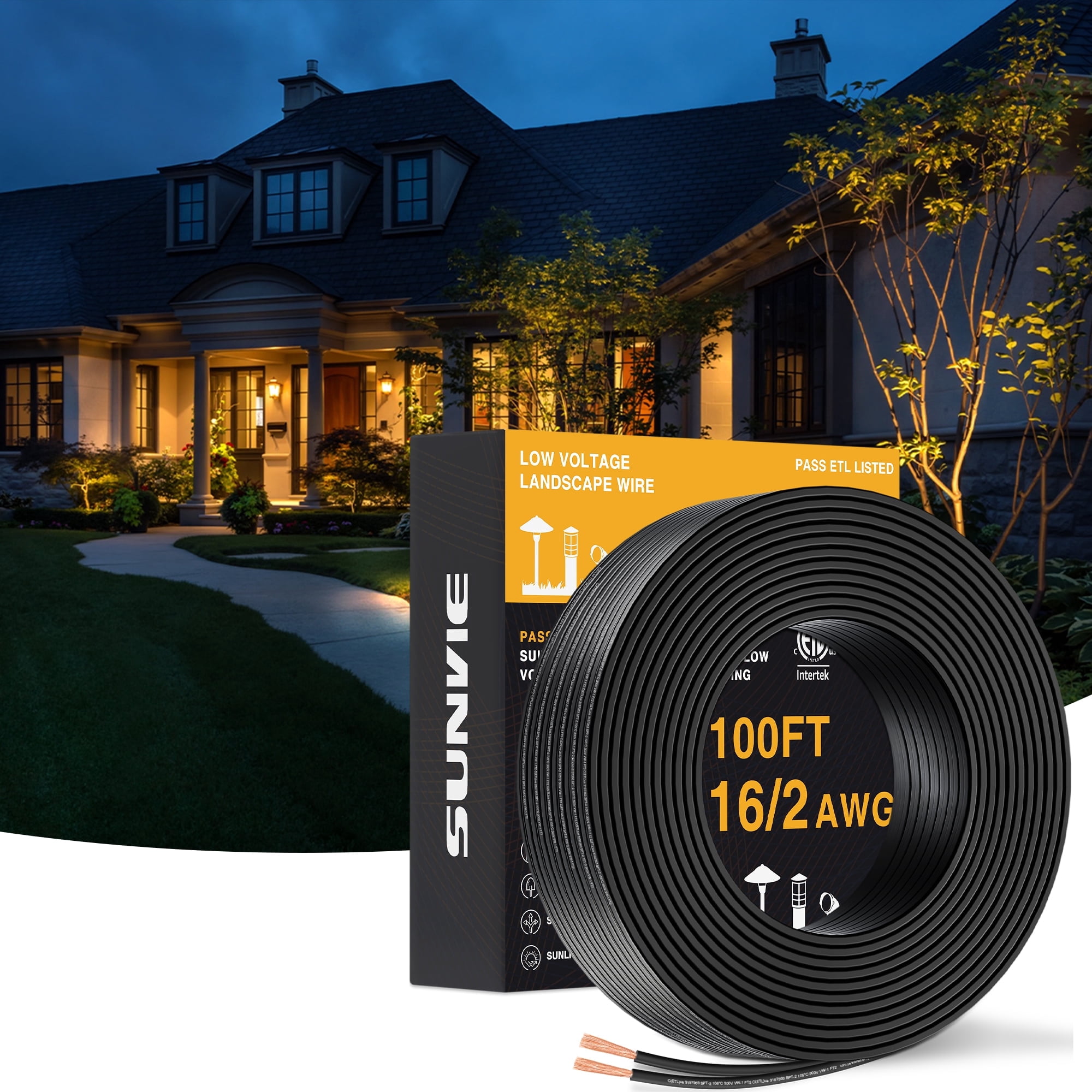 SUNVIE 100FT 16/2 Low Voltage Landscape Wire, 16 Gauge Stranded Copper Wire, 16 AWG 2 Conductor Electric Wire Direct Burial Lamp Wire, ETL Listed