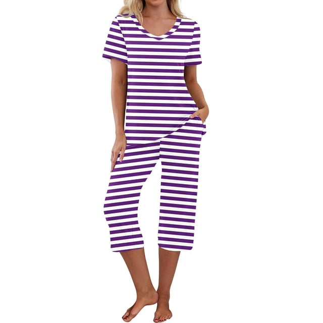 DecSea Pyjama Capri pour Femmes, Ensembles de Nuit à Manches Courtes, Deux Pièces, Hauts à Col en V et Pantalons Capri avec Poches, P-2TG