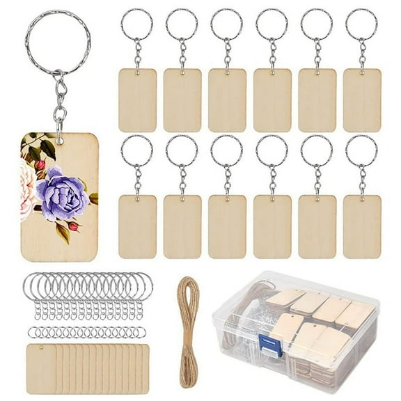 80Pcs Blank -Shaped Wooden Keychain Set, 80Pcs Key Rings and Rope Keychain DIY Keychain Supplies for Craft