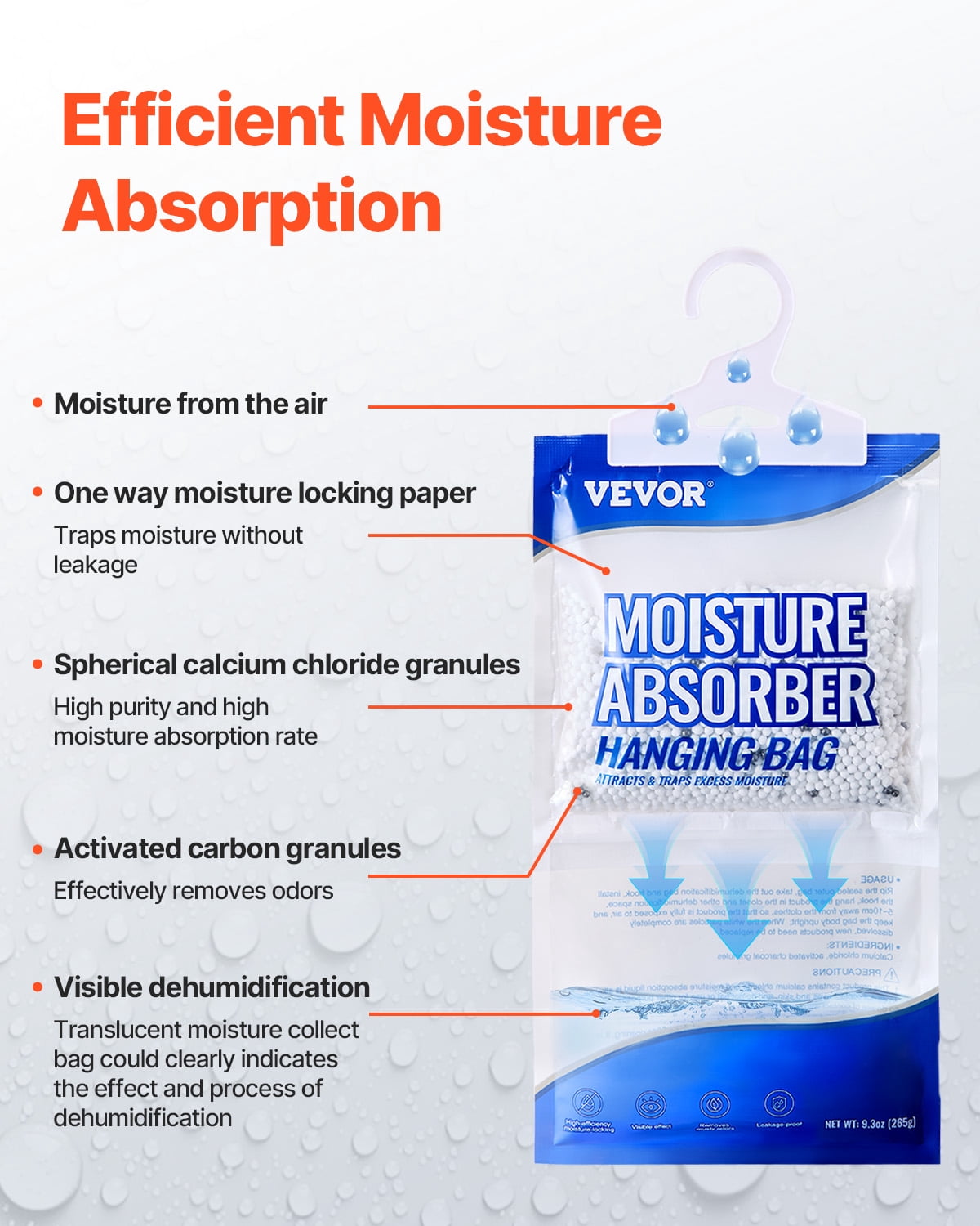 VEVOR Hanging Moisture Absorber, 9.3 oz Hanging Closet Dehumidifier Bags(10 Packs), Fragrance Free Moisture Bags in Wardrobes, Bedrooms, Bathrooms