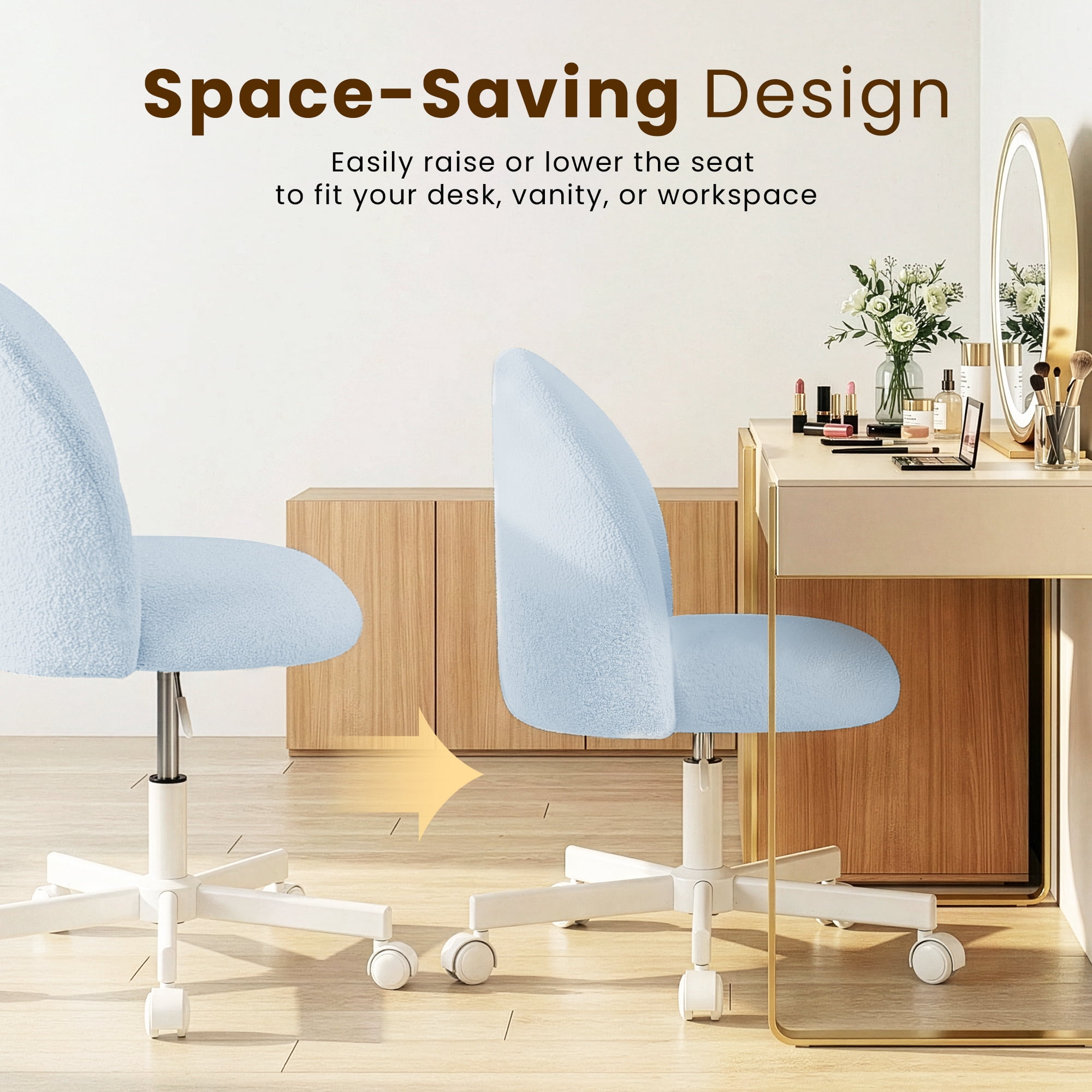 CELTOSS Home Office Desk Chair, Cute Teddy Fabric Swivel Vanity Stool, Mid Back Adjustable Armless Task Chair with Wheels, Blue