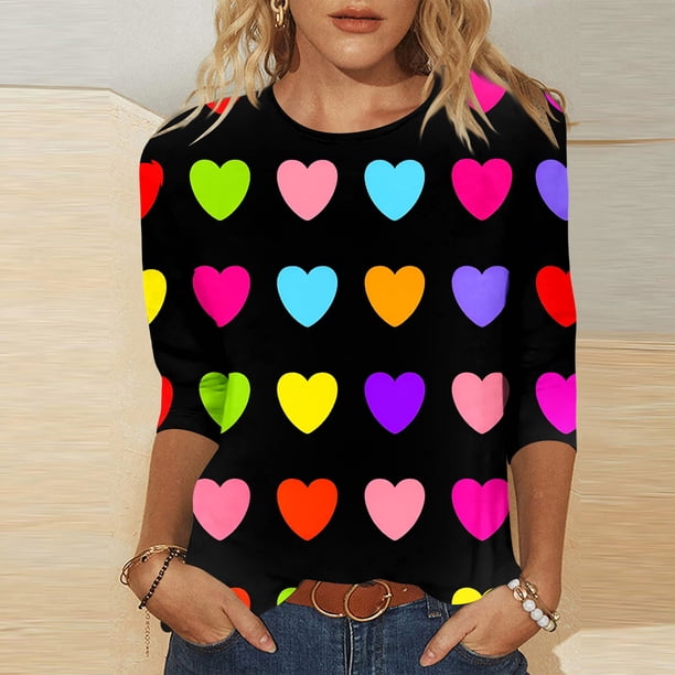 Xuyuer Womens Valentine T Shirts Love Heart Printed Graphic Tee Tops Spring Shirts Halloween Round Neck 3/4 Length Sleeve Graphic Tee Tops Fashion Casual Printed T-Shirt Top
