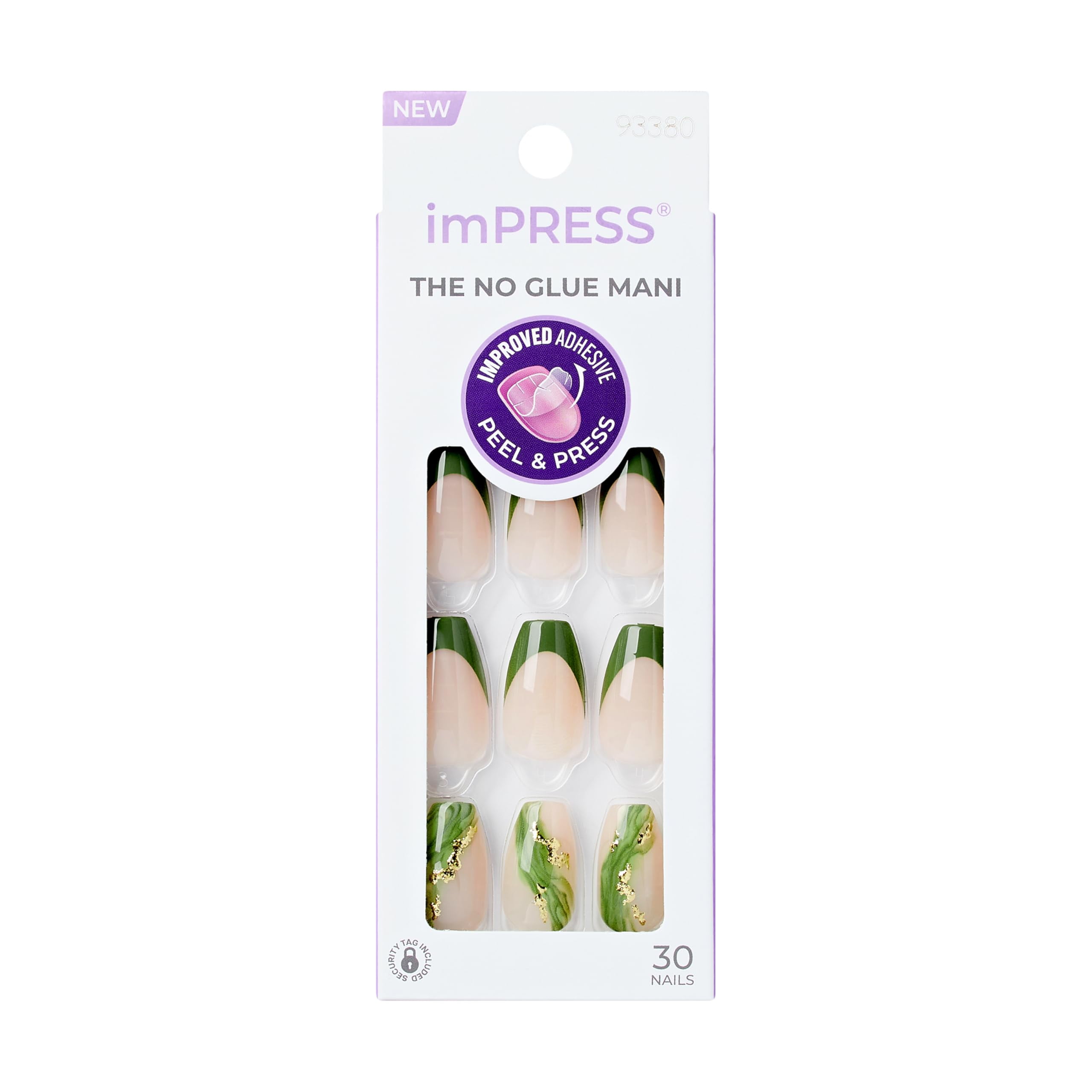 Kiss Impress No Glue Mani Press-On Nails Design 'Ballerina' Neutral/Green Medium Size Coffin Shape Includes 30 Nails Prep Pad Instructions Sheet 1 Manicure Stick 1 Mini File