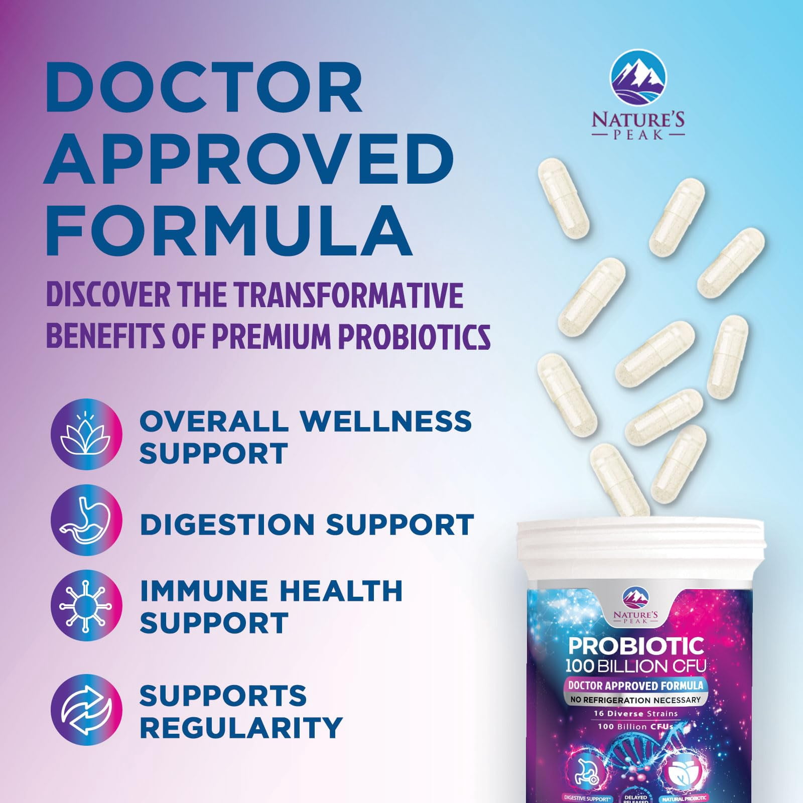Probiotics for Digestive Gut Health - 100 Billion CFU Per Capsule, 16 Premium Strains & Prebiotics - Best Probiotics for Women & Men, Occasional Constipation, Gas, Immune Health Support - 60 Capsules
