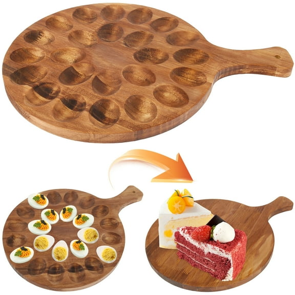 FUYGRCJ Wood Deviled Egg Platter Hold 24 Deviled Egg Tray 11.8×15.7×0.39 Inch Deviled Egg Holder Round Charcuterie Board Durable Egg Serving Tray Round Cutting and Serving Board