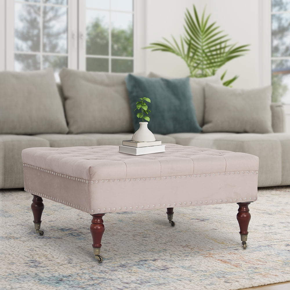 Abble 34in Square Beige Tufted Upholstered Indoor Cocktail Ottoman Living Room Coffee Table with Wheels