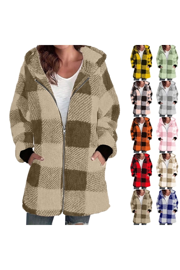 Women's Fleece Jacket Lined Zip Up Plaid Flannel Coat Fashion Warm Faux Coat Jacket Winter Zipper Solid Long Sleeve Outerwear Fall Winter Outfits Brown,2XL
