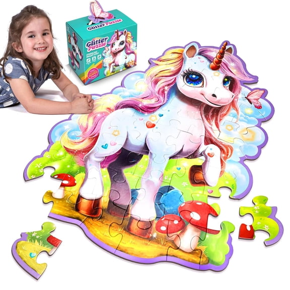 Unicorn Gifts for Girls - Girls Unicorn Floor Puzzle Toys - Puzzles for Kids Ages 4 5 6 7 8 9 - Unicorn Toys Glittery Green 45-Piece Puzzle - Educational Games to Foster Toddlers Motor Skills