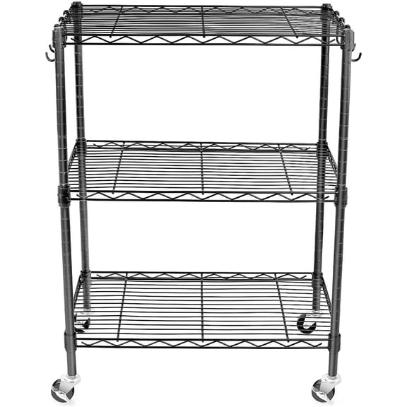 3-Tier Storage Shelves, Heavy Duty Metal Shelves Wire Rack Shelving Unit, Adjustable Shelf with Wheels for Home Office Garage Kitchen Bathroom, 24" D x 14" W x 32" H