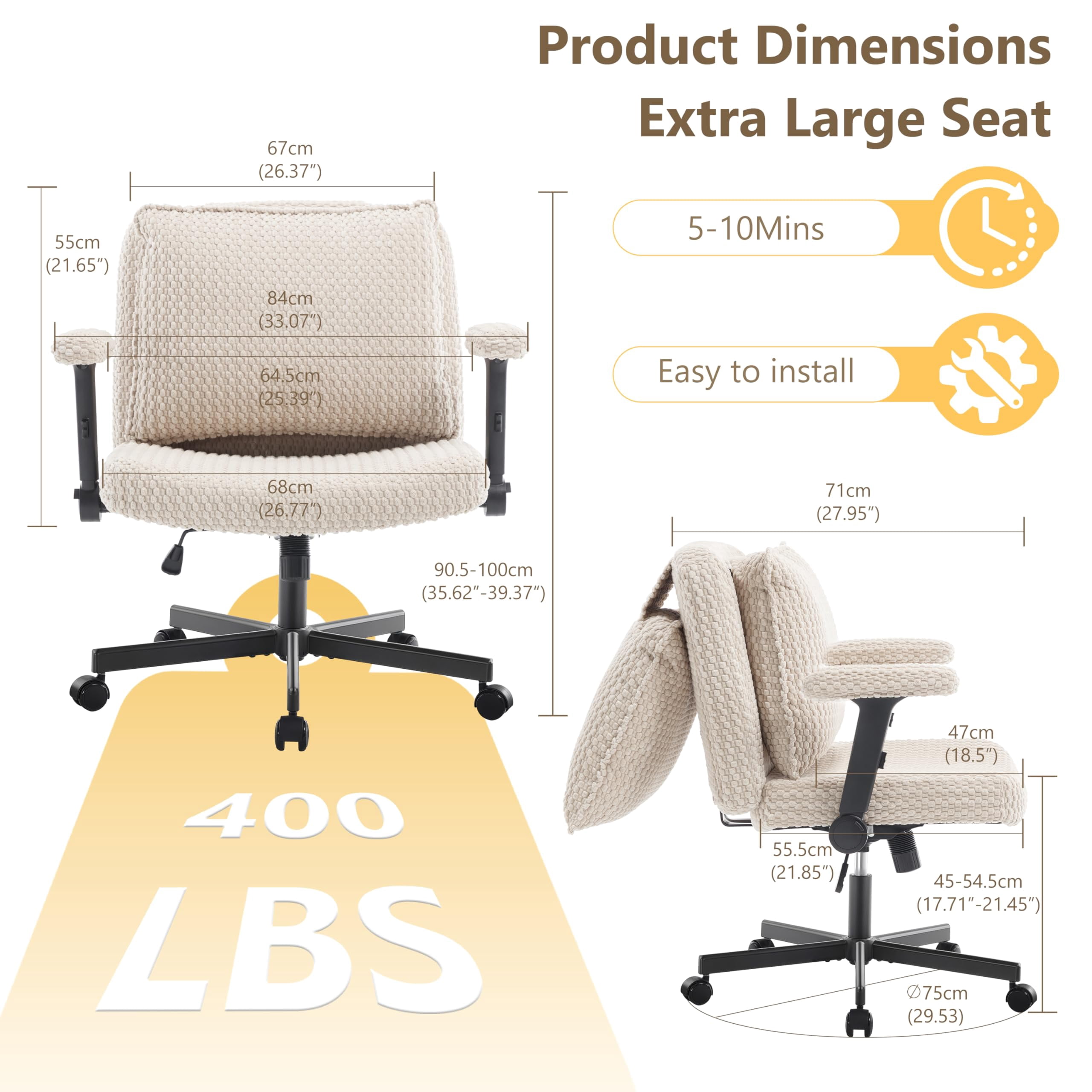 Nexthro Criss Cross Chair,Cross Legged Chair with Wheels and Arms,27" Wide Seat Office Desk Chair with Flipable Back Cushion,Mid Back Beige Swivel Chair for Home Office,Bedroom Vanity(Beige)