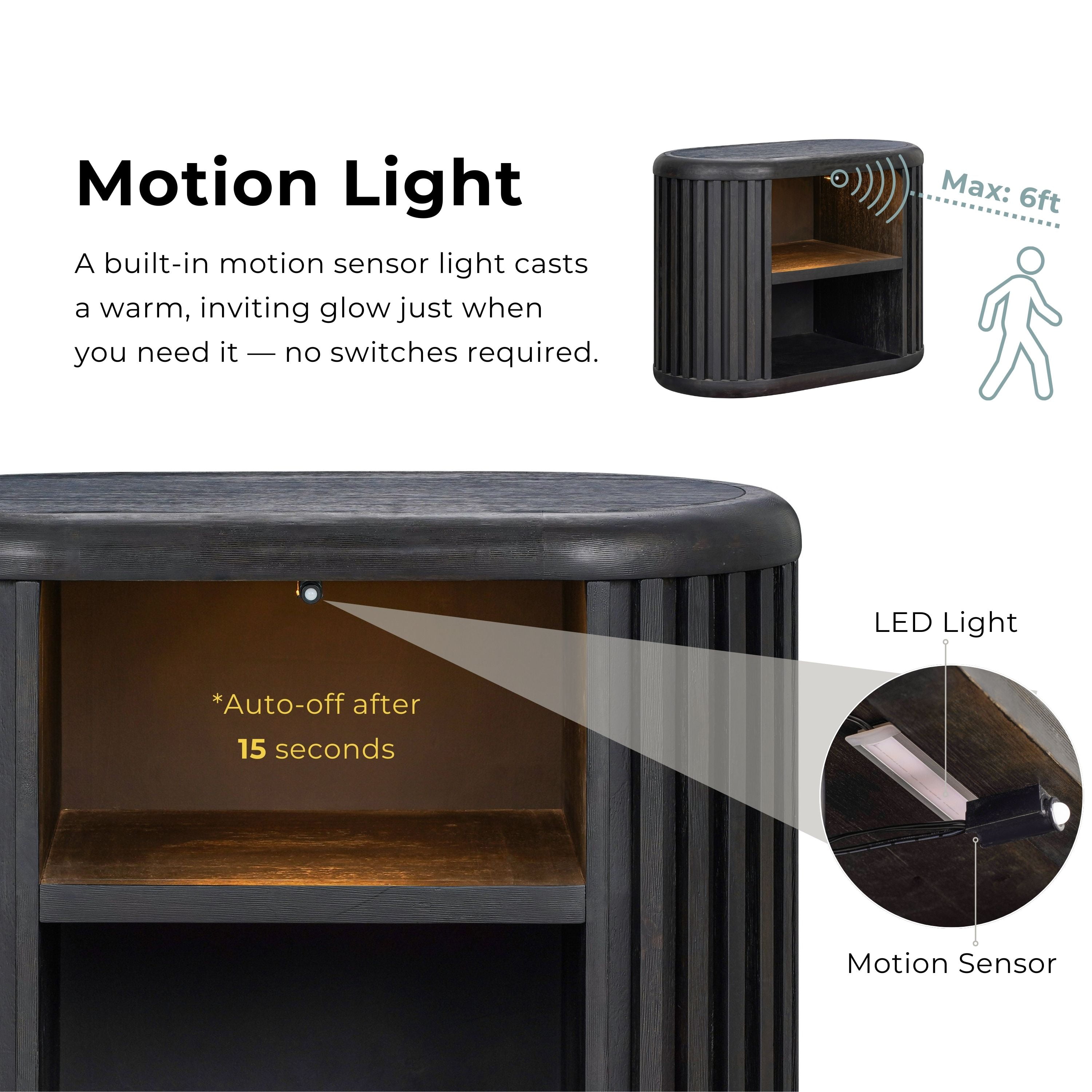 Furniture of America Kaelin Modern Fluted and Rounded 2-Shelf Nightstand with Motion Sensor, Black