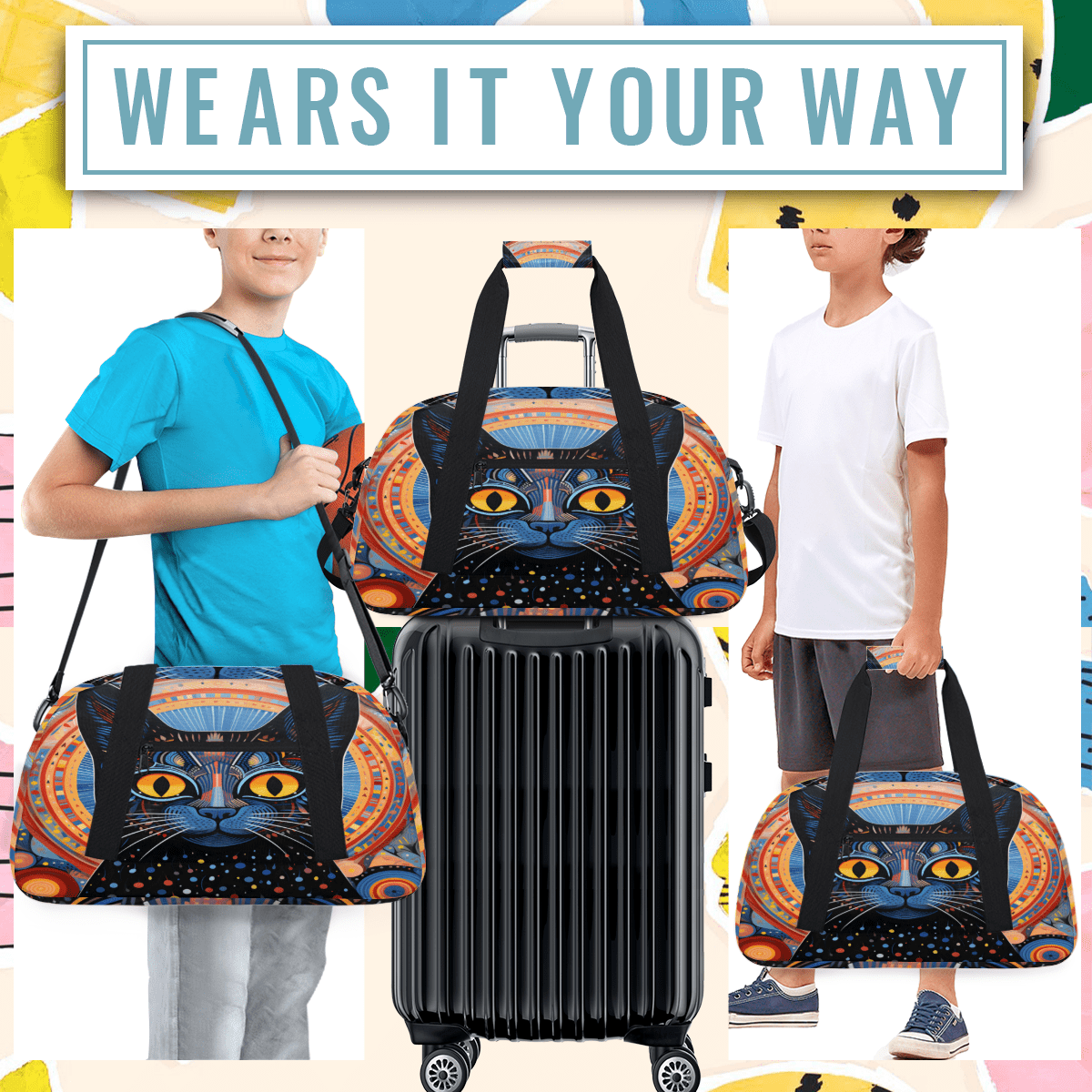Herdesigns Boho Cat Sports Duffle Bag for Women & Men, Ethnic Cat Gym Bag Dance Bag Overnight Bag Carry On Weekender Travel Bag