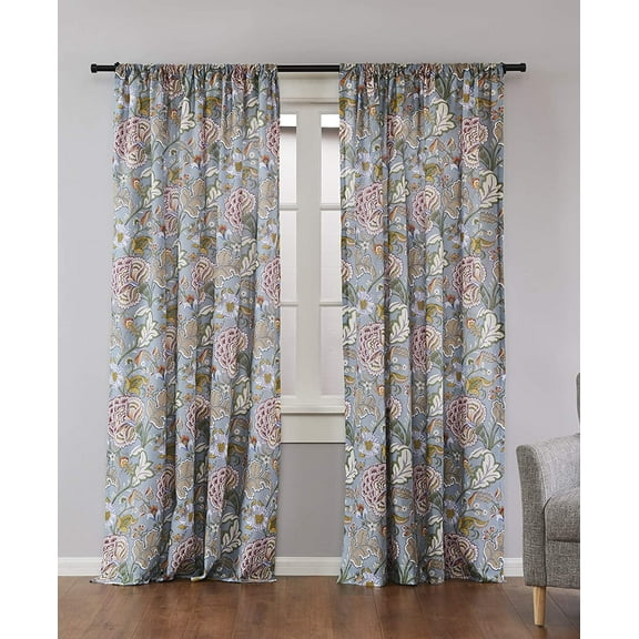 Levtex Home - Angelica - Drape Panel/Curtain (55x84in.) with Rod Pocket - Floral - Aqua Taupe Green Blue Orange Pink Grey - 55x84in. - Set of 2 - Cotton