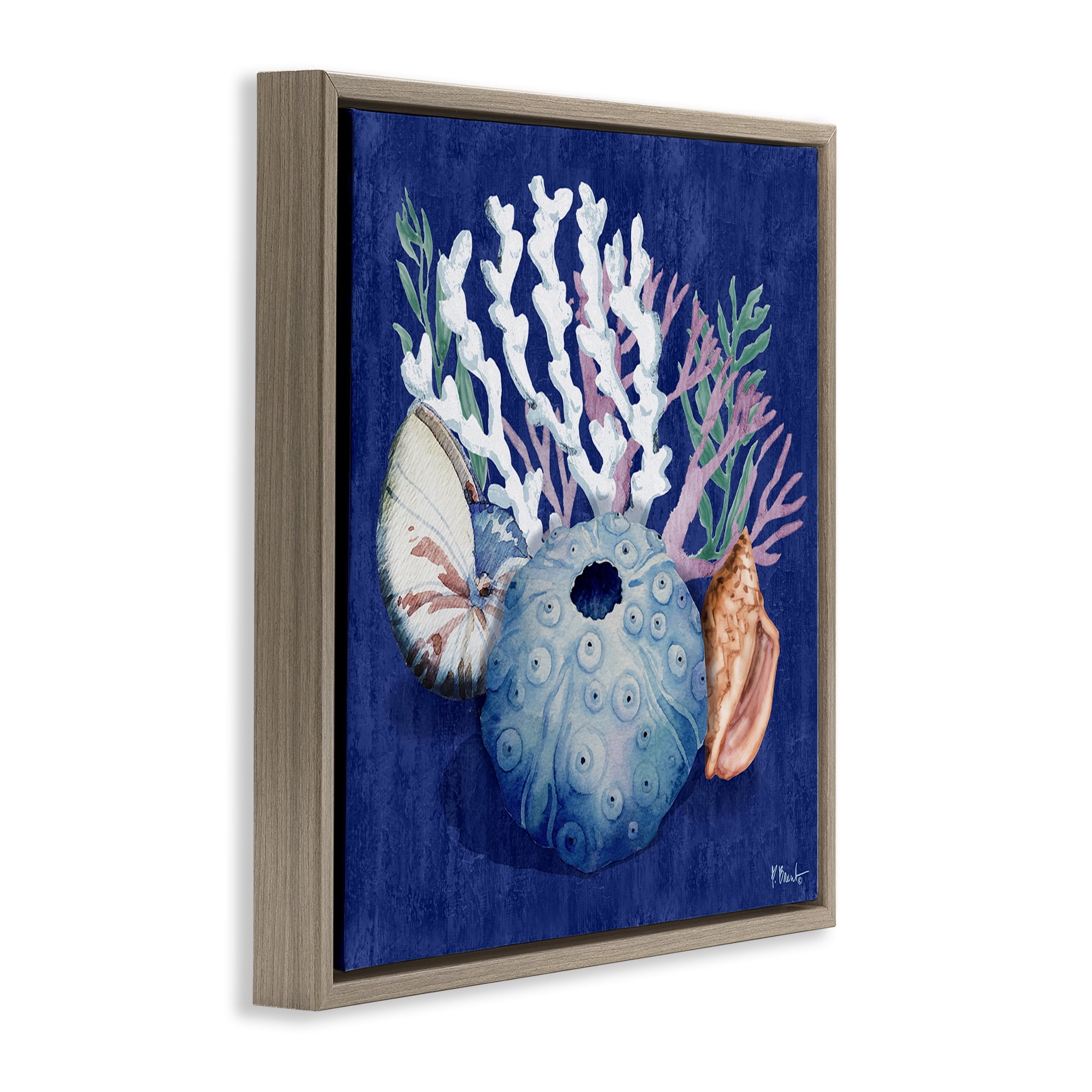 Stupell Industries Sea Urchin & Coral Coastal Painting Brown Floater Framed Canvas Art Print Wall Art, 18 x 18