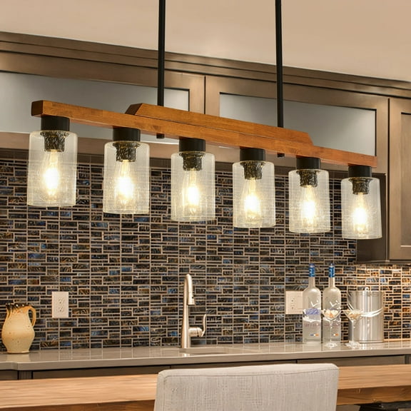 6-Light Farmhouse Chandelier with Seeded Glass Shades, Adjustable Rustic Wood and Metal Pendant Light for Kitchen Island, Dining Room