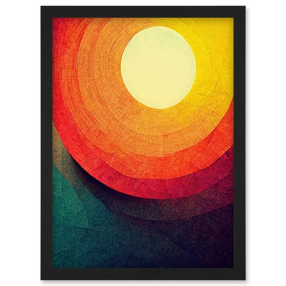 Abstract Sunrise Sunset Sunshine Retro Style Yellow Orange Cream Teal Artwork Framed Wall Art Print A4