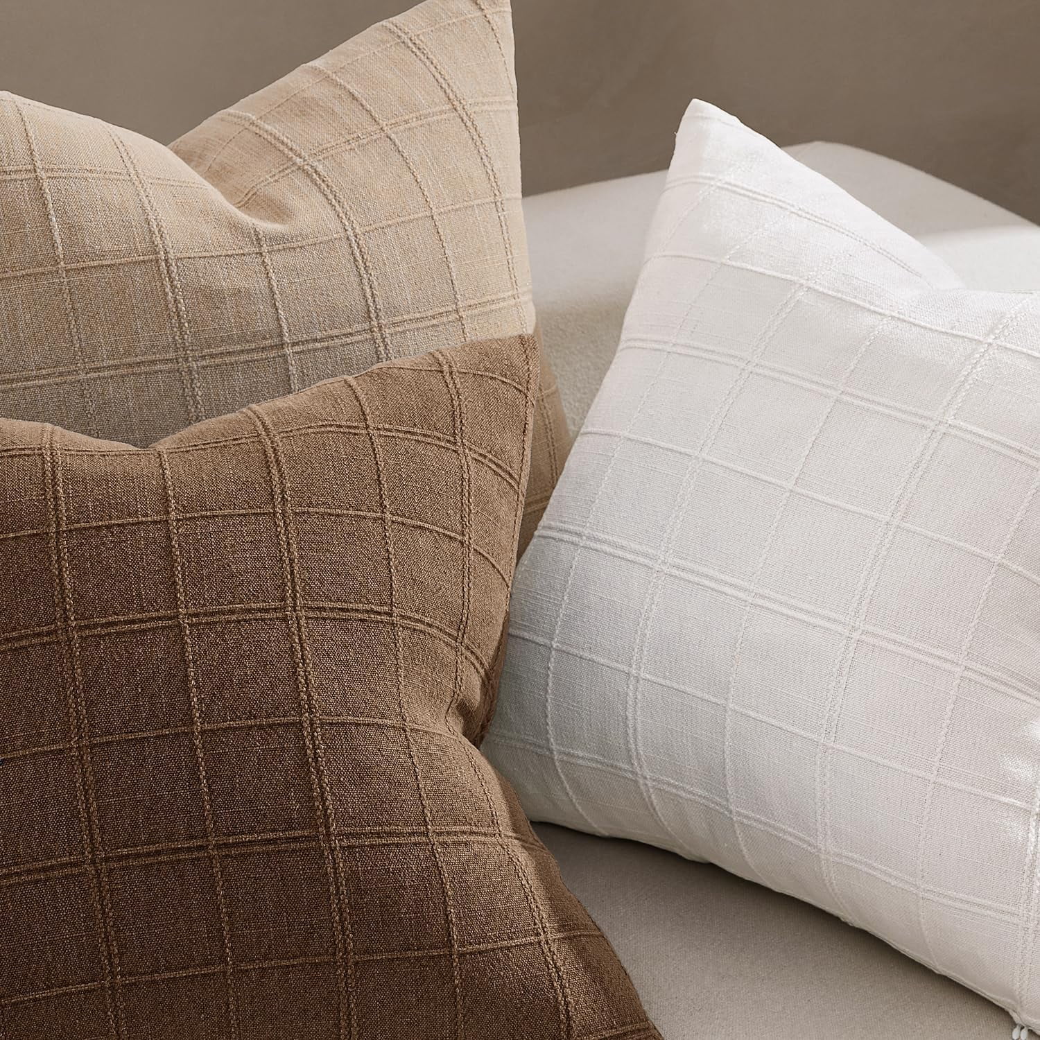 Linen Check Throw Pillow Covers Set of 2 - Natural Beige Farmhouse Modern Boho Vintage Decorative Cushion Covers for Sofa Couch Bedroom Living Room Decor（no pillow inset）