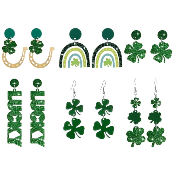 DESIGNICE 6 Pairs St Patrick's Day Earrings Green Shamrock Dangle Drop Bulk for Women,Green Earrings for Women