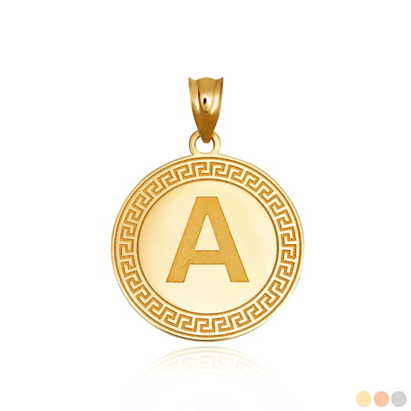 Solid Gold Letter "A-Z" Initial Greek Key Medallion (Pendant)