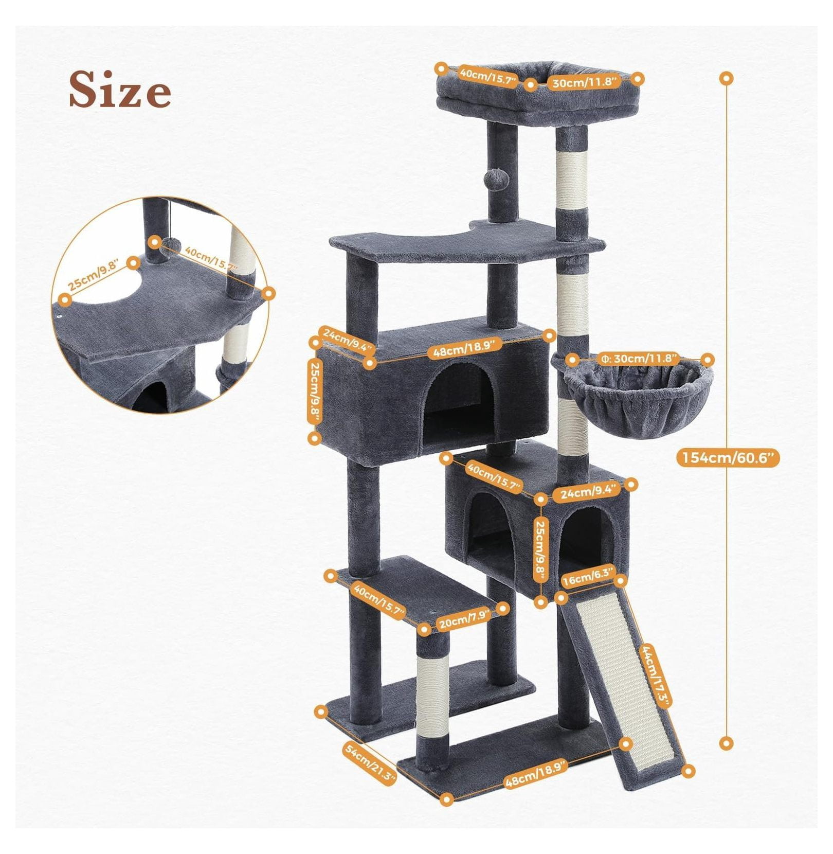 60'' Cat Tree Tower, Large Cat Condo with Scratching Posts & Hammock - Smoky Gray