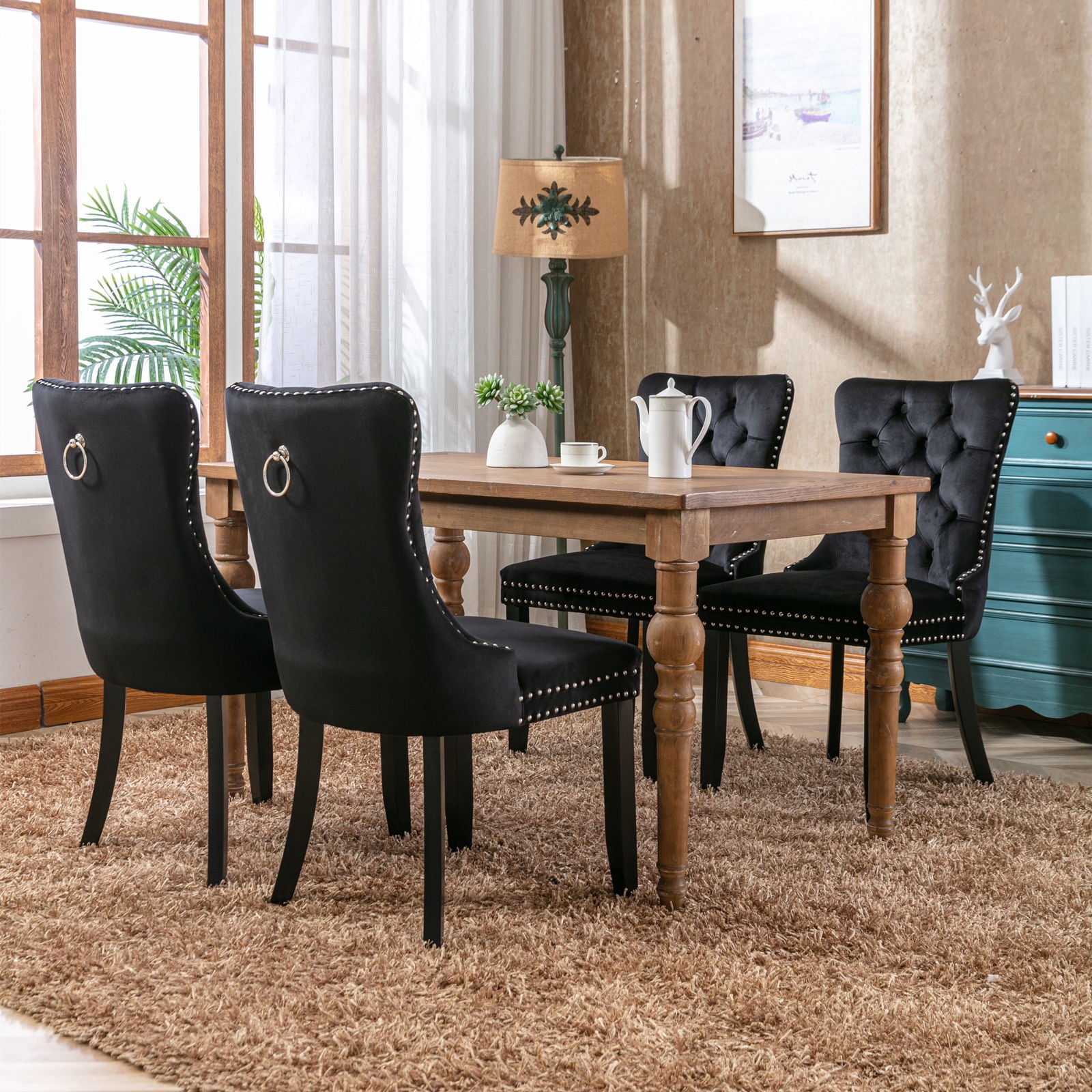 Rhomtree Velvet Button Tufted Dining Side Chairs, Black (Set of 6)