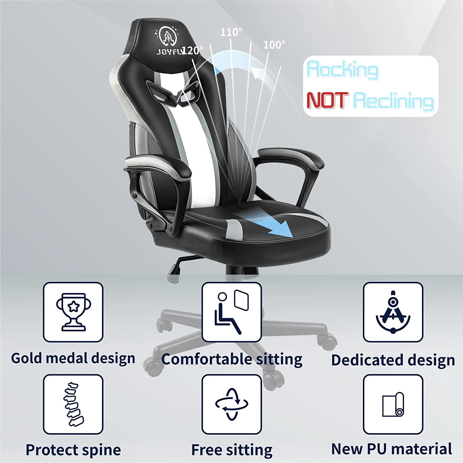 JOYFLY Gaming Chair, Computer Chair Ergonomic PU Leather Racing Style PC Chair with Lumbar Support, 350lbs, Gray&Black