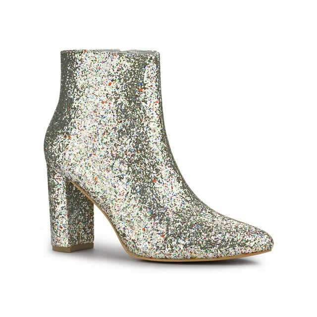Unique Bargains Women's Glitter Pointed Toe Block Heeled Ankle Chelsea Boots