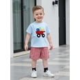thumbnail image 5 of BemeyourBBs Toddler Baby Boy Summer Clothes Kids Baby Boys Back to School Pre Kindergarten Outfits Short Sleeve Embroidery Bus Letters T-shirt with Plaid Shorts Set, 5 of 9