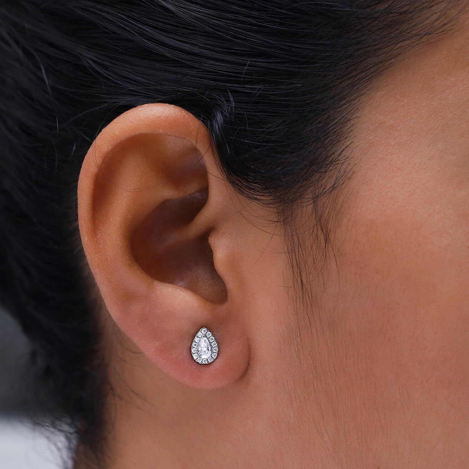 18k White Gold Plated Sterling Silver Post Halo Stud Earrings | 1/2 ctw Teardrop Moissanite Diamond Stud Earrings for Women | Push Back Earrings For Her (0.50 Ctw)