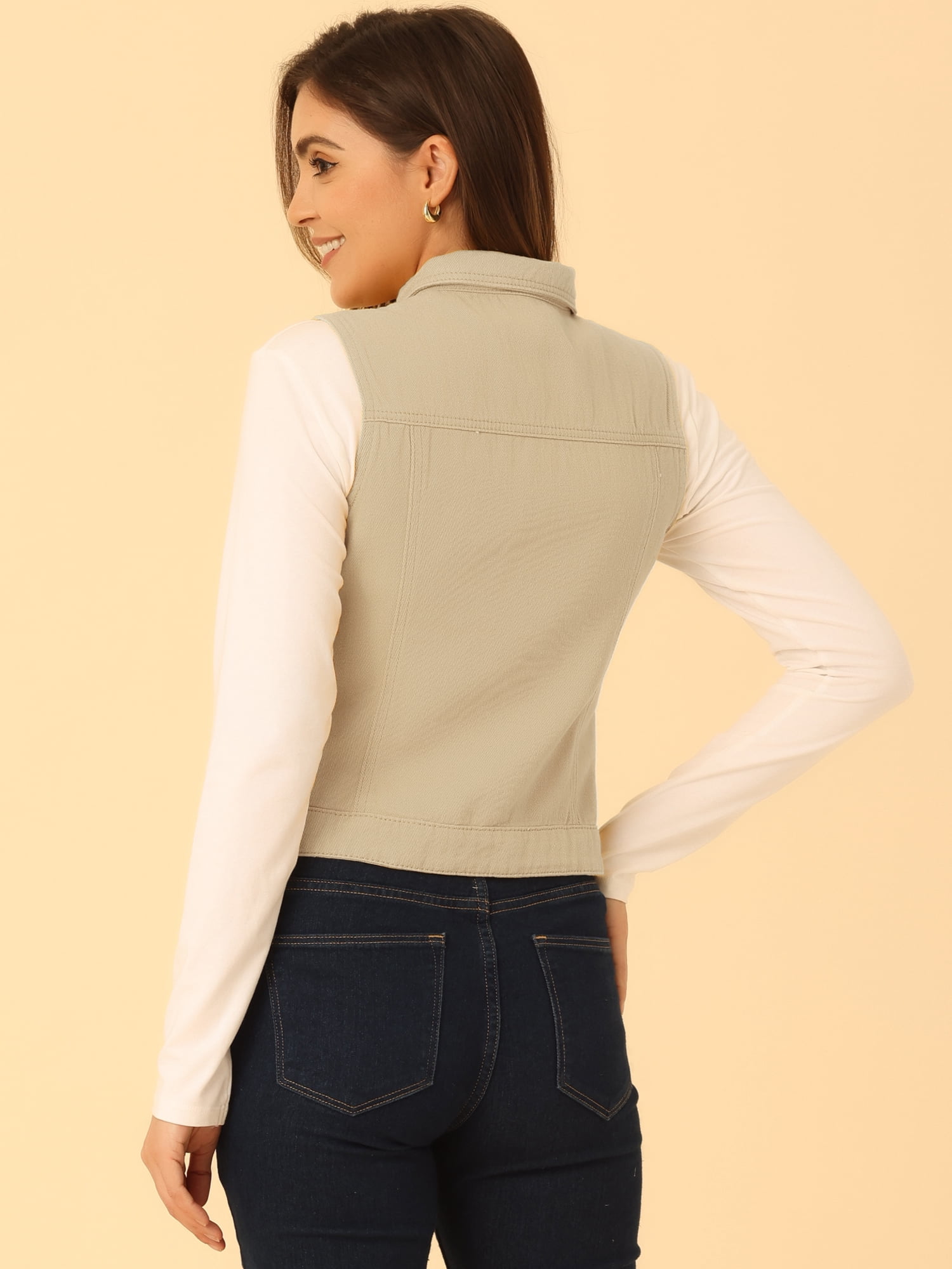 DARING DIVA Women's Denim Sleeveless Flap Pockets Vest Jacket M Beige