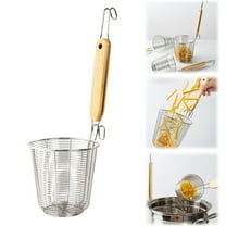 Bamboo Handle Spider Strainer - 13.7" Stainless Steel Mesh Skimmer for Pasta, Dumplings & Deep Frying | Multi-Purpose Kitchen Basket with Hooks | Dishwasher Safe Food Strainer Clearance