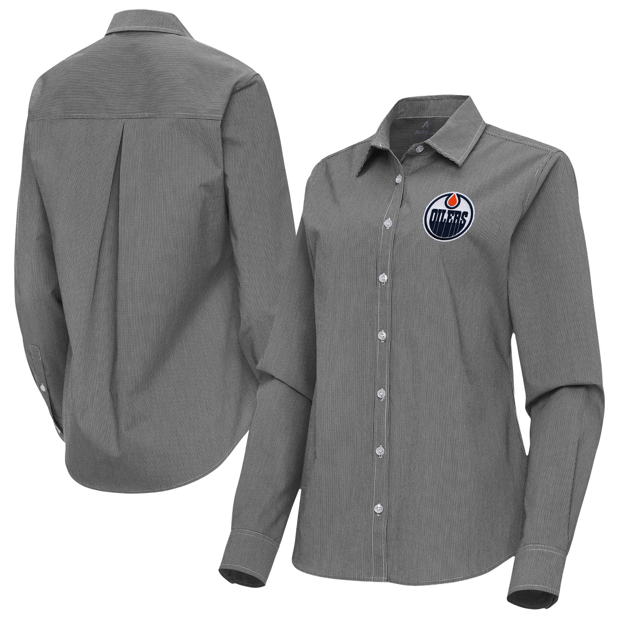 Women's Antigua Black Edmonton Oilers Porter Woven Tri-Blend Long Sleeve Button-Up Shirt